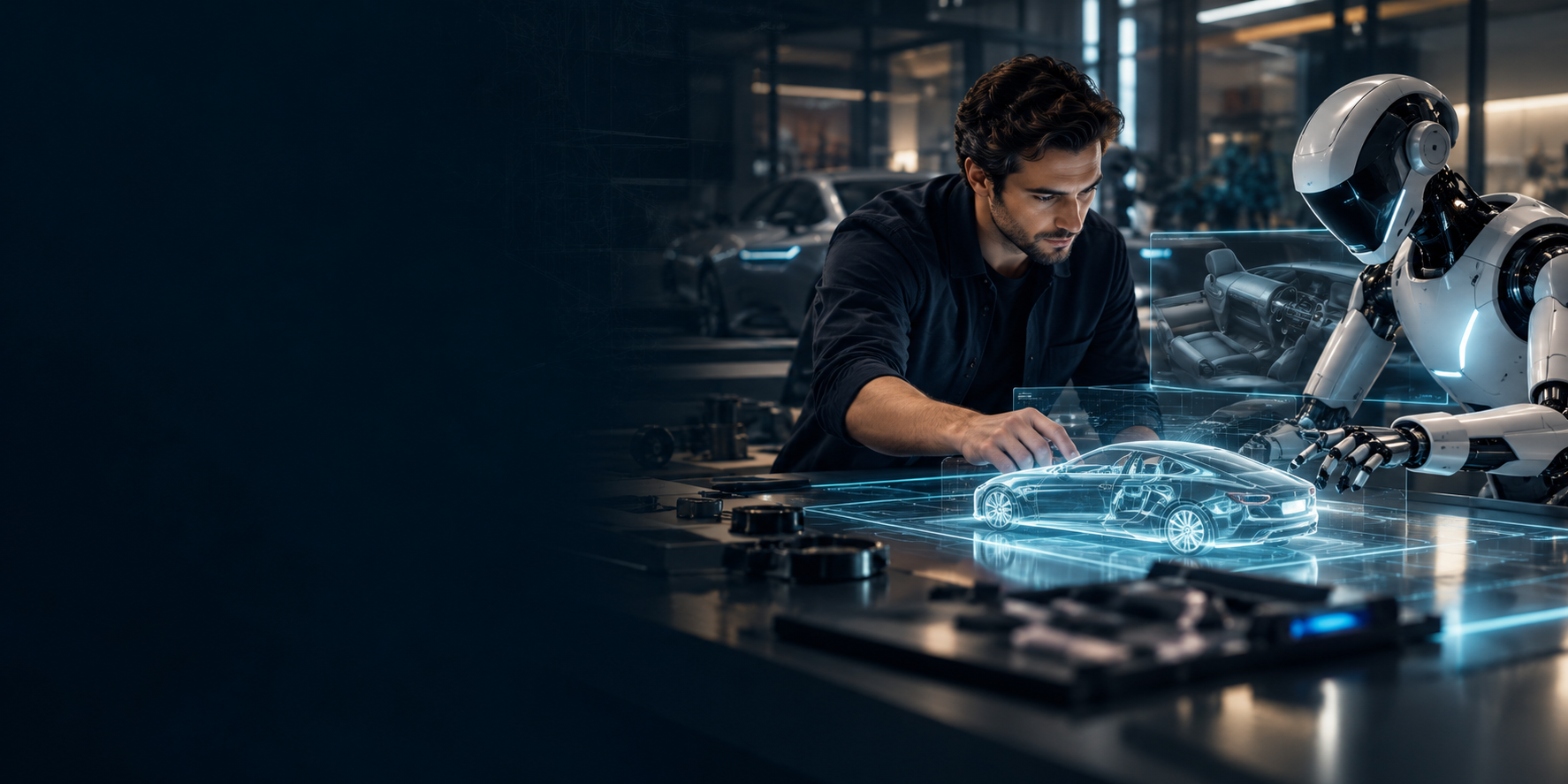 A human engineer and robotic collaborator working together on automotive technology